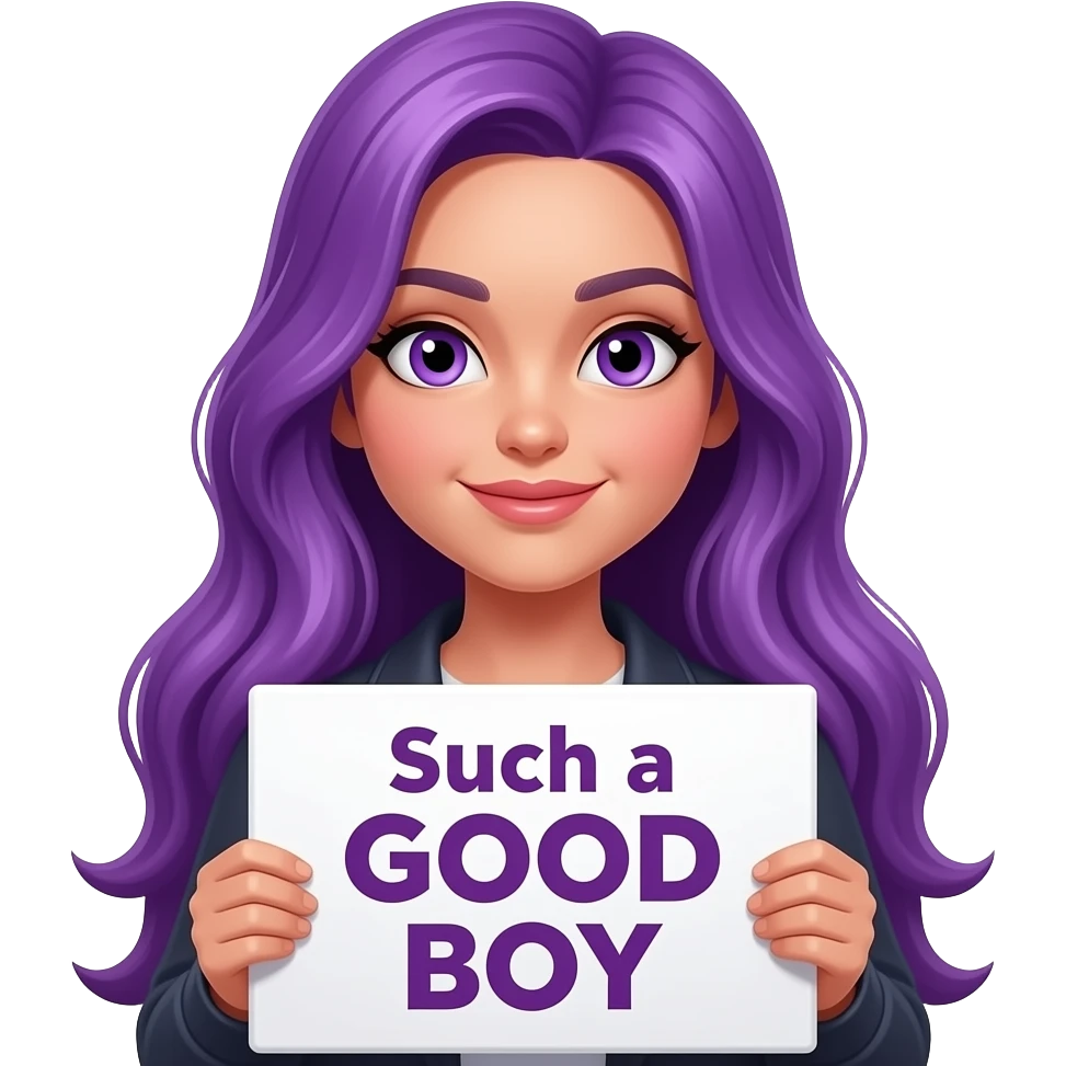 sexy girl with long purple hair and purple eyes holding a Such a GOOD BOY sign emoji