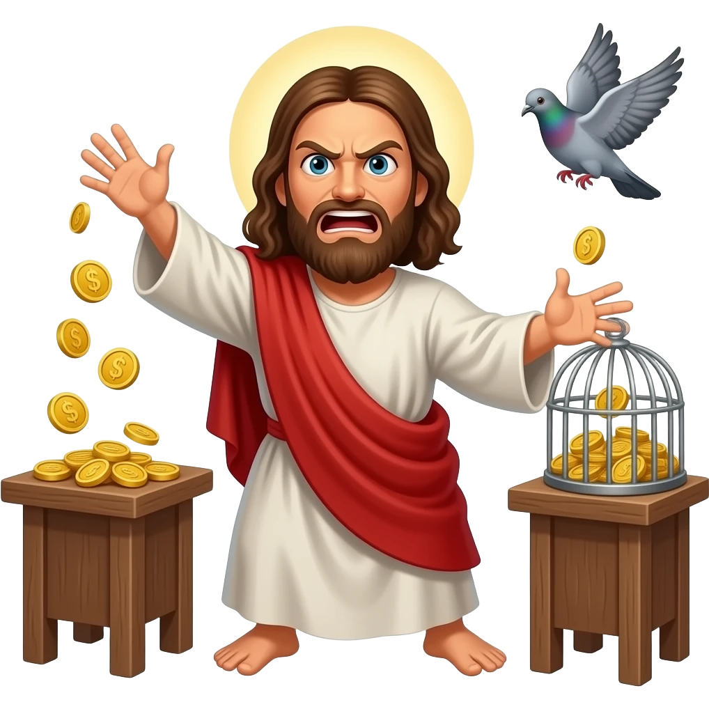 Jesus extremely mad and throwing tables with gold coins and caged doves emoji