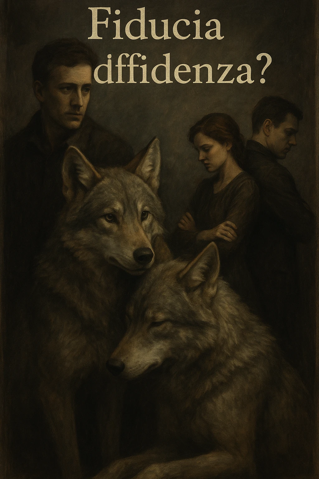 Vertical format: An Italian text 'Fiducia o diffidenza?' with a man watching two wolves protecting each other, while a human couple turns their backs, atmosphere of contrast, emotional and dramatic. emoji