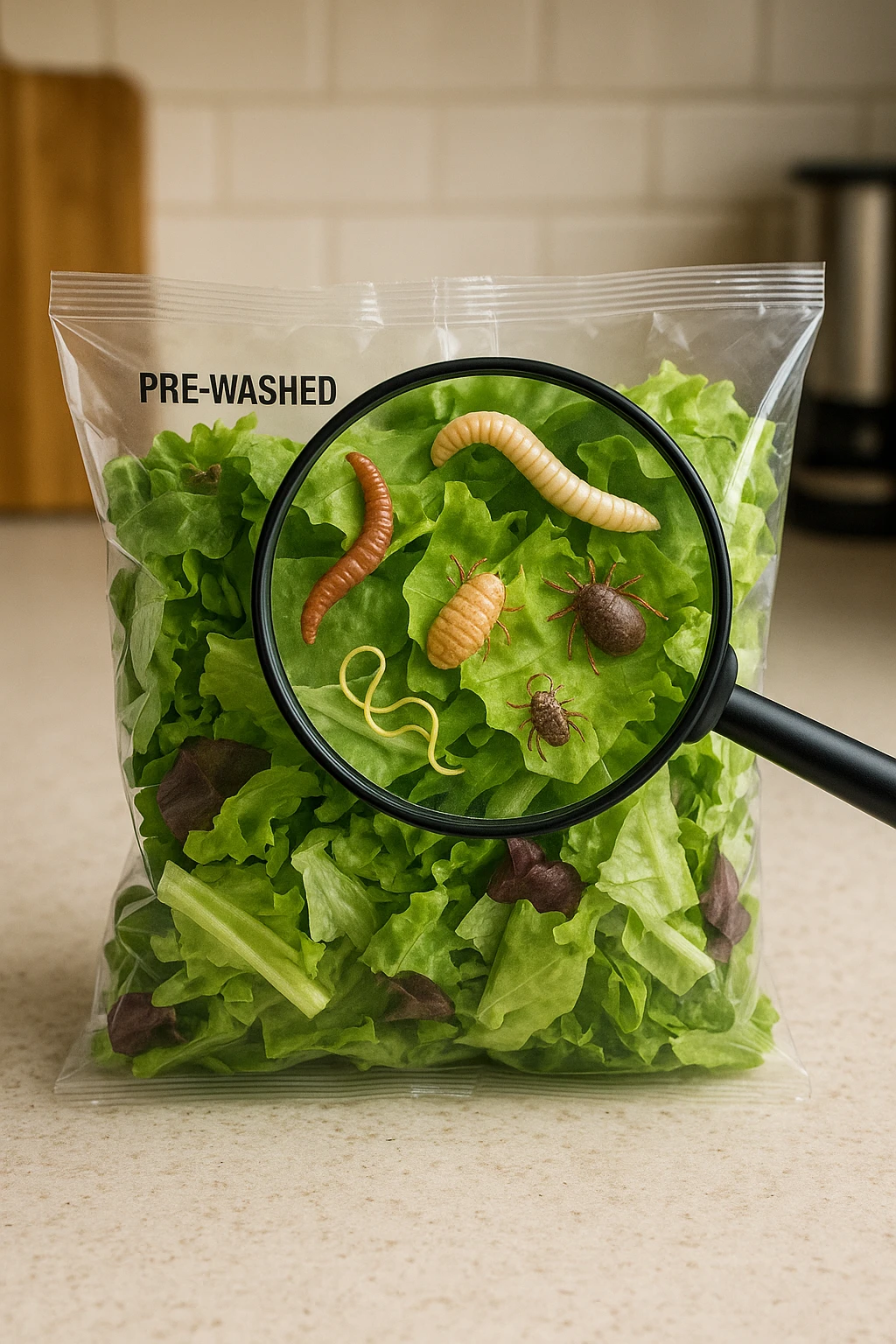 Insalata in busta ricca di pa transparent plastic bag of pre-washed salad sits on a kitchen counter. Through the bag, small, detailed images of various parasites (such as worms, larvae, or microscopic bugs) are visible among the lettuce leaves. A magnifying glass hovers over the bag, enlarging the parasites for emphasis. The mood is cautionary and educational.arassiti emoji