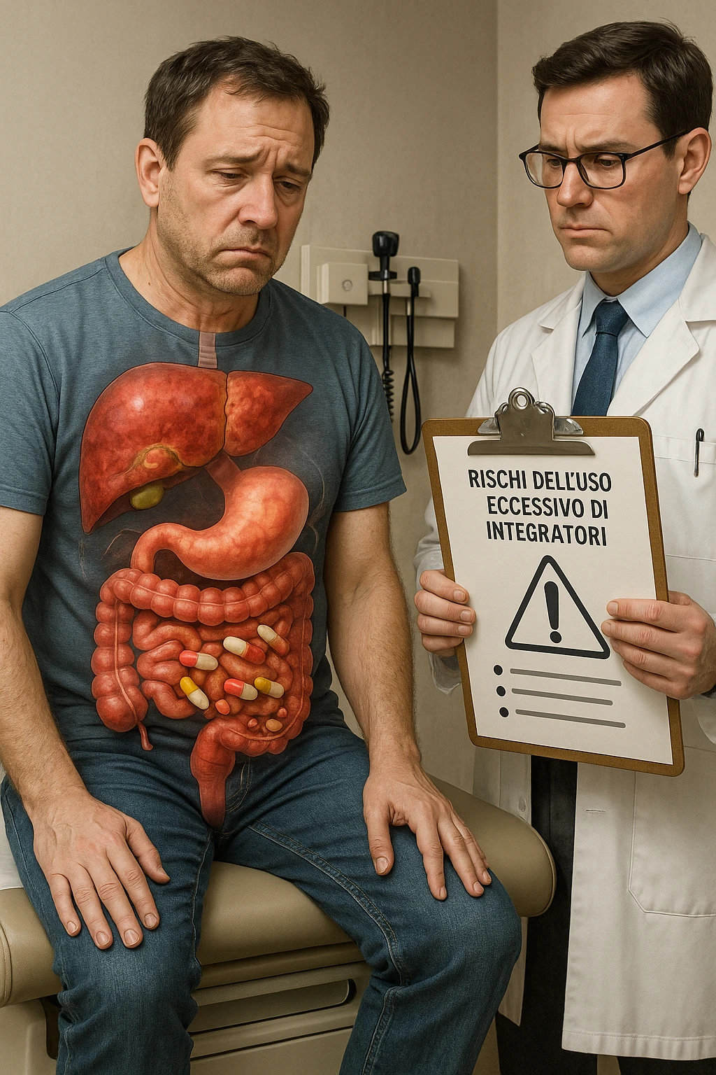 a man sits on a doctor’s examination table, looking fatigued and uncomfortable. A transparent anatomical overlay reveals his liver and intestines, both appearing inflamed and congested, with stylized supplement capsules and pills scattered throughout the digestive tract. The doctor stands nearby, holding a chart that highlights the risks of excessive supplement use. The mood is clinical and educational. in italiano iperrealistica emoji
