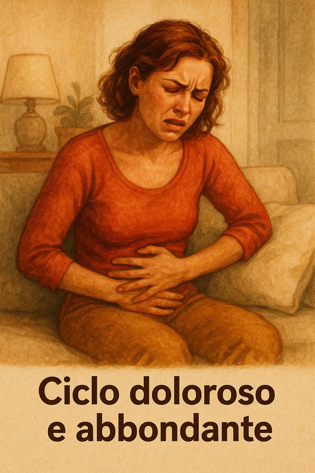donna con ciclo doloroso e abbondante. testo in italiano. emoji