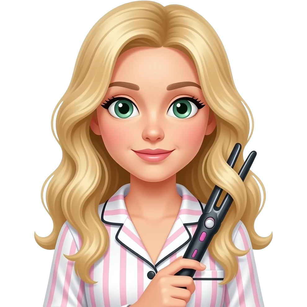 A blonde girl with long hair and green eyes, wearing white pajamas with pink stripes like the ones from Victoria's Secret, is curling her hair with a curling iron. emoji