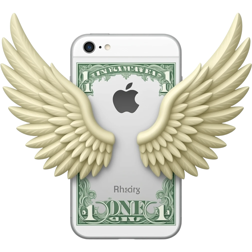 There is a banknote with wings on the back of a white iPhone 5s emoji