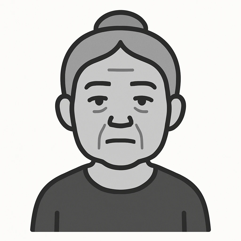 minimalistic style portrait of old Asian woman with grey hair in a bun and stoic face emoji