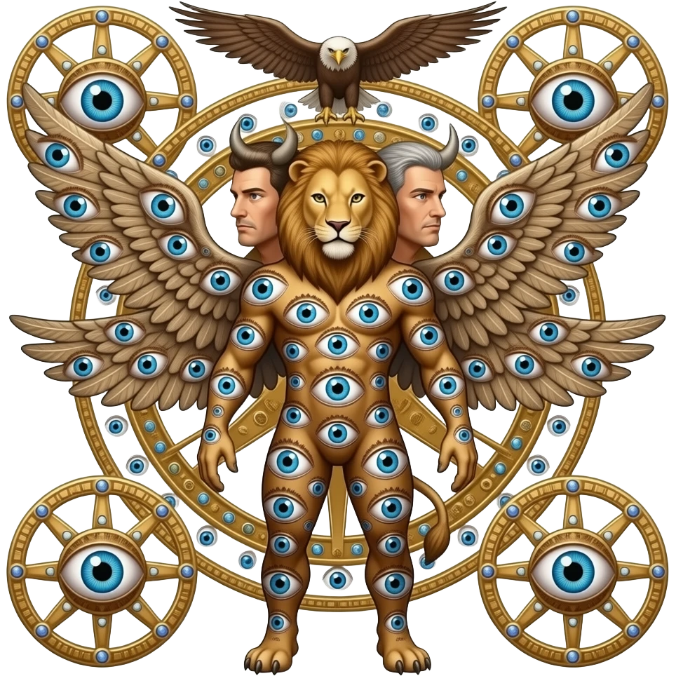 a complex, awe-inspiring creature with four faces (of a man, lion, ox, and eagle) and four wings.  Their body is covered in eyes, and they are accompanied by "wheels within wheels" (Ophanim) that are also covered in eyes and sparkle like topaz. emoji