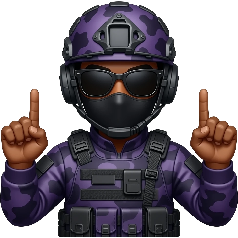 Black Man in large black sungoggles dark purple camoflage tactical gear helmet and mask 2 middle fingers emoji