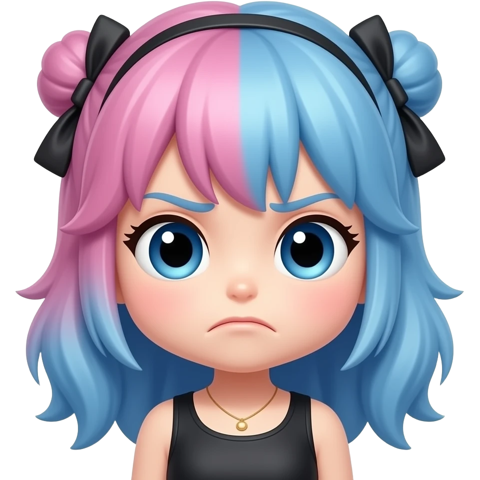 Can you make a chibi girl that has pink and blue hair and has a disgusted face emoji
