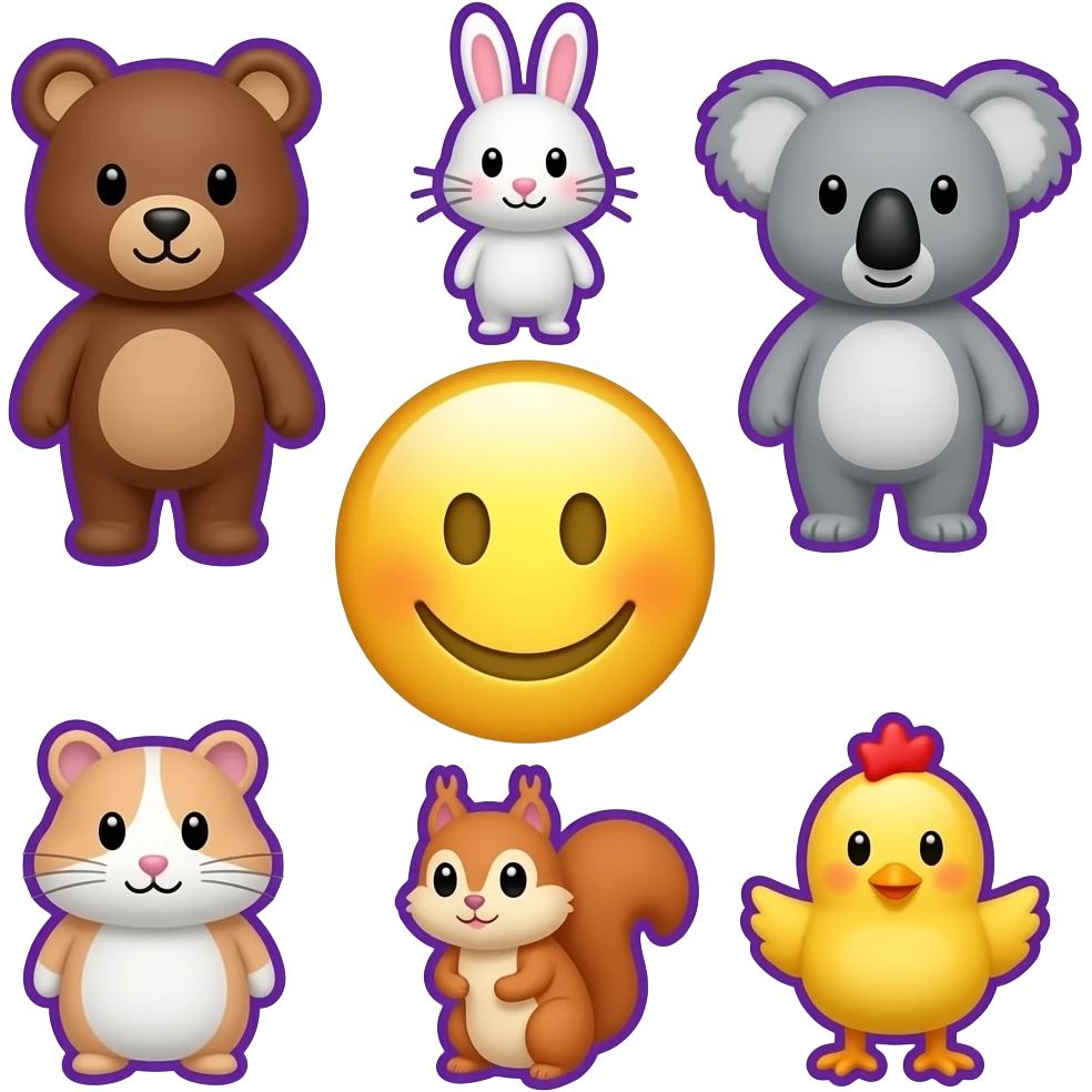 Smiley emoticon in the centre, serrounded by smaller size 🐻🐰🐨🐈🐹🐿🐥, with light yellow and background, purple outline emoji
