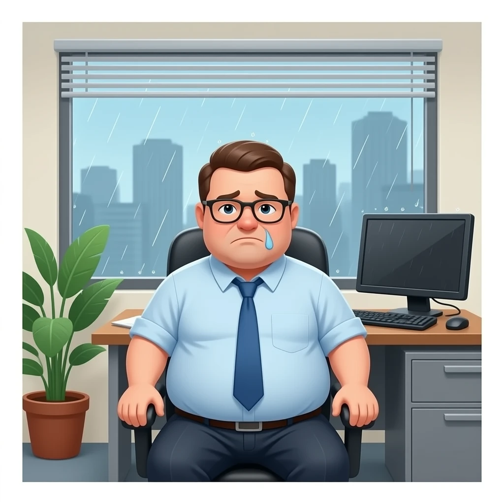 hazme una habitacion de empresiario con una persona sentada i gorda con sudor i apresurada i triste en una oficina de empresario i que tenga un mal bestido i que haya una ventana i que tenga un ordenador emoji