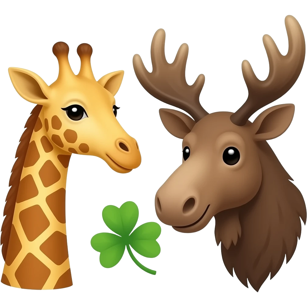 Einfacher Giraffenkopf und Elchkopf schauen sich an mit Glücksklee emoji