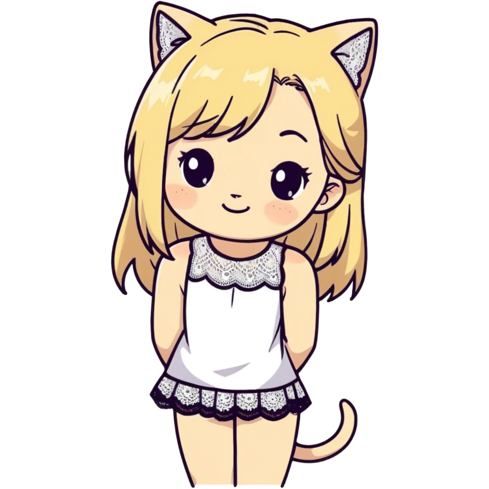 flirty petite blonde catgirl woman long hair freckles shy lace white bare legs sleeveless emoji