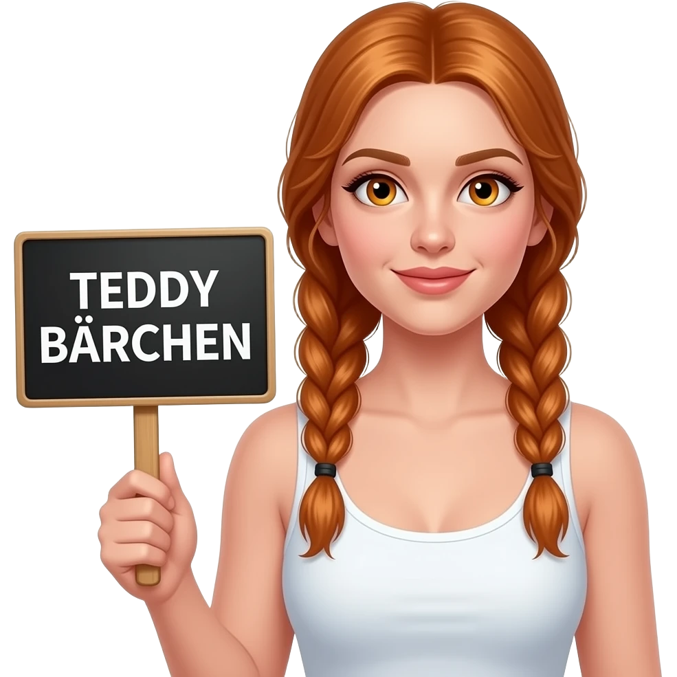 sexy girl with long ginger braids and ginger eyes wearing a white tanktop is holding a black sign with TEDDY BÄRCHEN written on it emoji