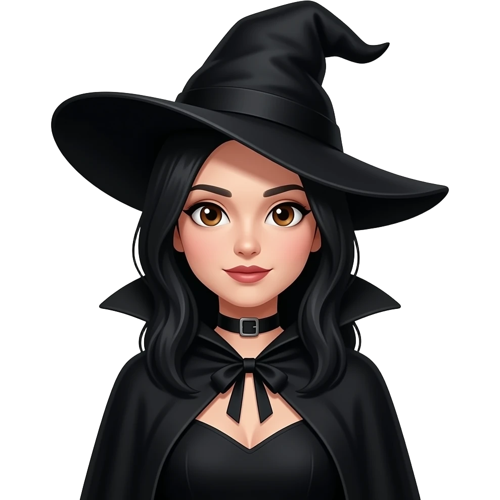 hot witch with black cloak and black neck choker and pointy black hat and black dress with black hair with brown eyes emoji