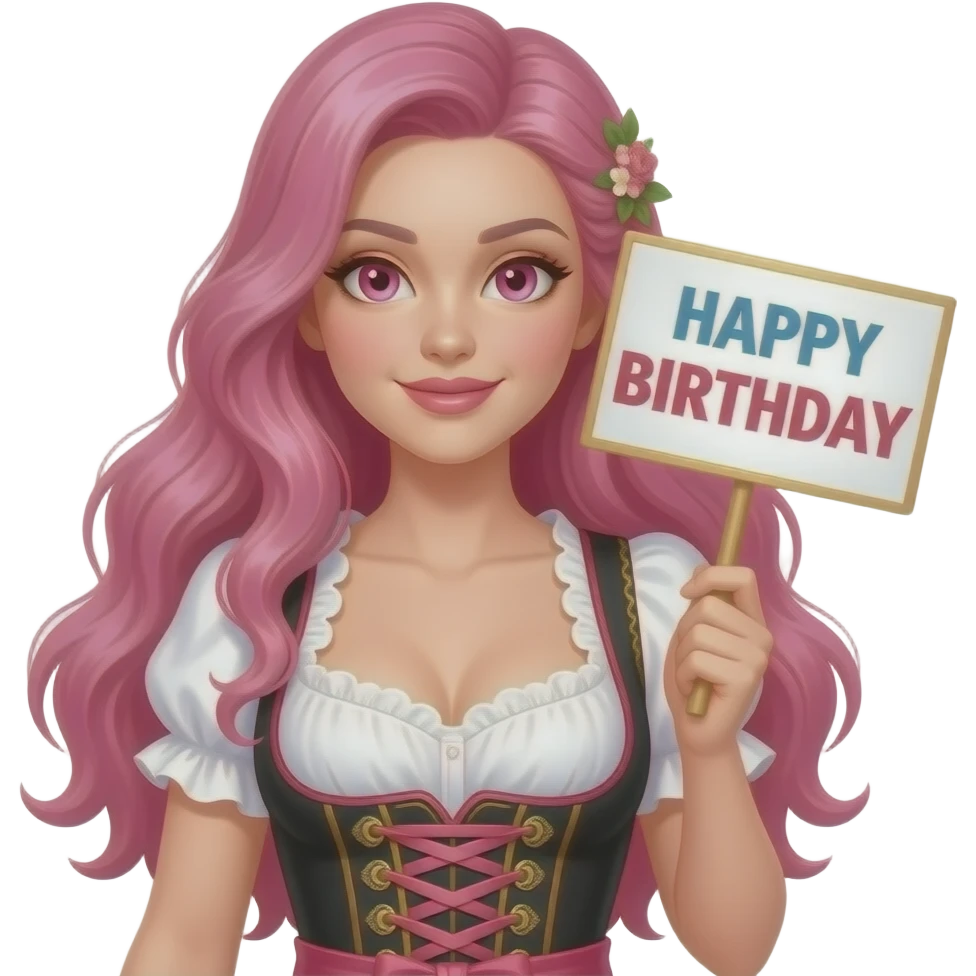 sexy girl with long pink hair and pink eyes wearing a dirndl holding a HAPPY BIRTHDAY sign emoji