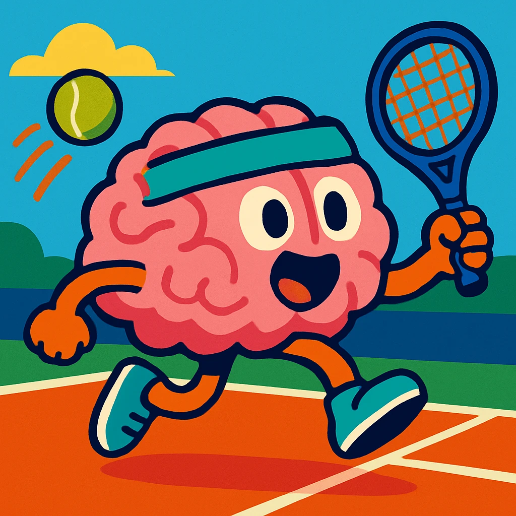 a brain playing tennis, fun and energetic, vibrant cartoon style emoji