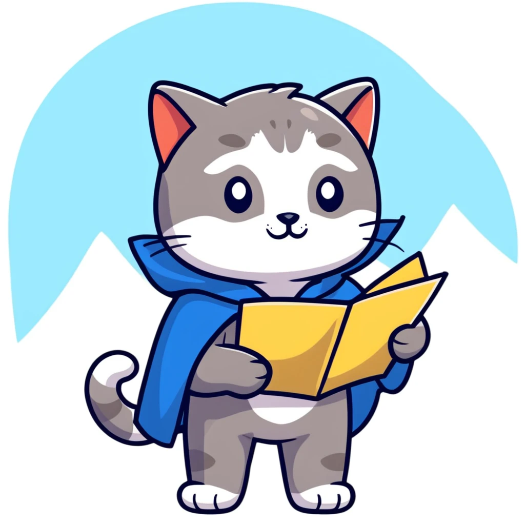 Explorer cat with map in paws, mountains and starry sky behind, wearing explorer outfit and cloak blowing in wind, gazing at horizon emoji