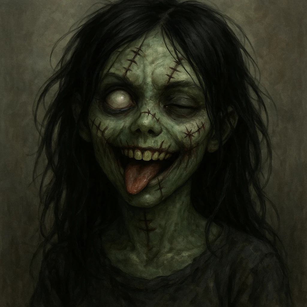 zombie girl, black hair, stitched face, playful expression emoji