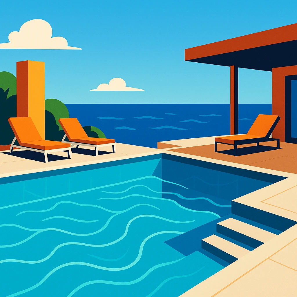 luxurious infinity pool overlooking the ocean, elegant, modern emoji
