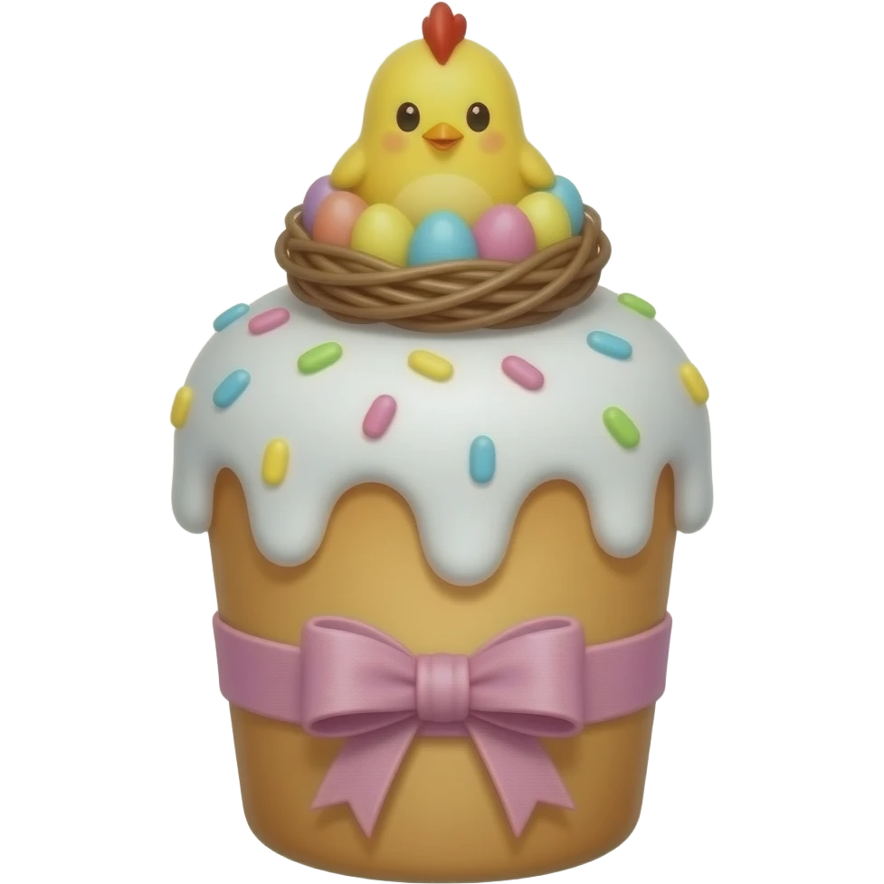 коломба золотистого цвета, высокий, с белой глазурью с разноцветной  посыпкой,  с ленточкой вокруг светло розового цвета и украшением сверху в виде гнездышка с очень мелкими  яичками пастельных, желтым пушистым птенчиком с красным гребешком emoji