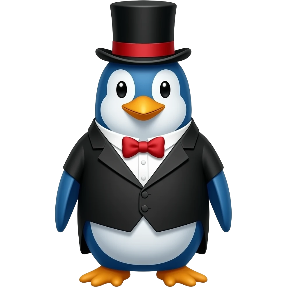 A penguin with a black top hat with a red stripe and a ringmaster suit and the penguin is blue emoji