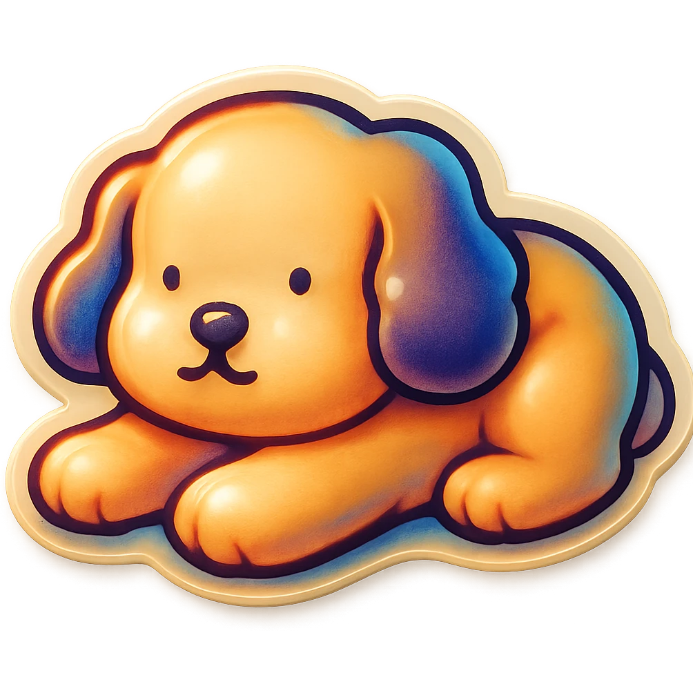 Create a sticker of a cute dog character lying down with a white background, maintaining the original retro stickers style. emoji