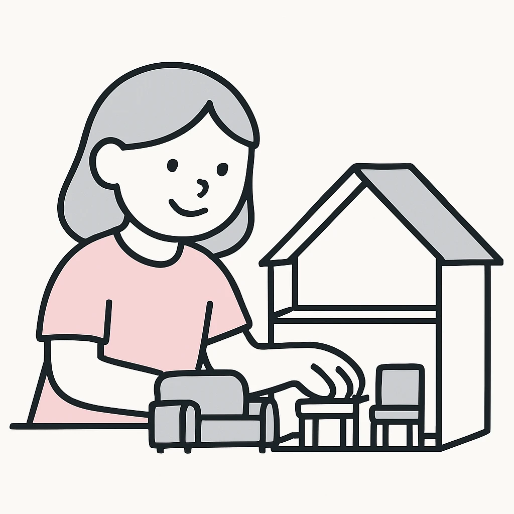 smiling girl arranging furniture in doll house emoji