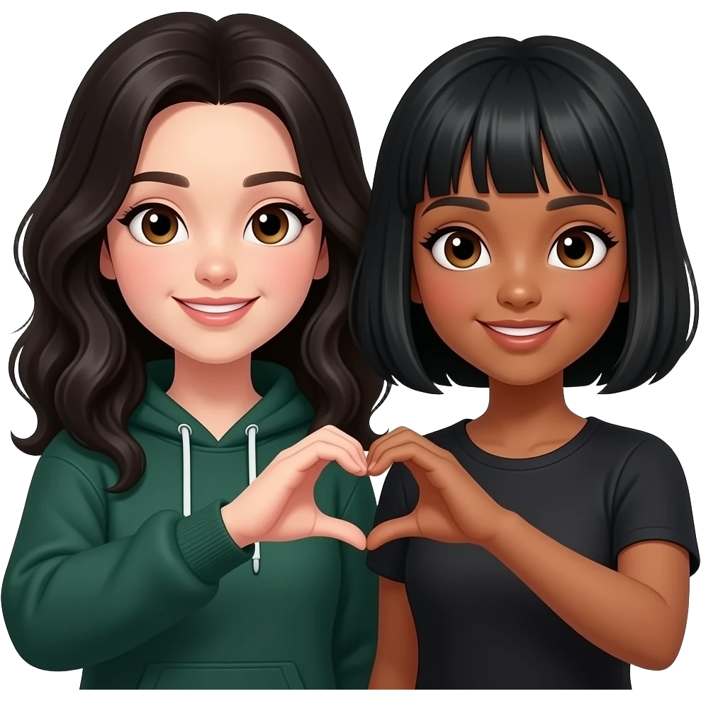a wihte girl w dark green hoddie, black wavy tall hair w making the 🫶🏻 another White, slightly dark brown same height as hergirl w black short hair n bangs making the 🫶🏻 w her n there close to each other emoji
