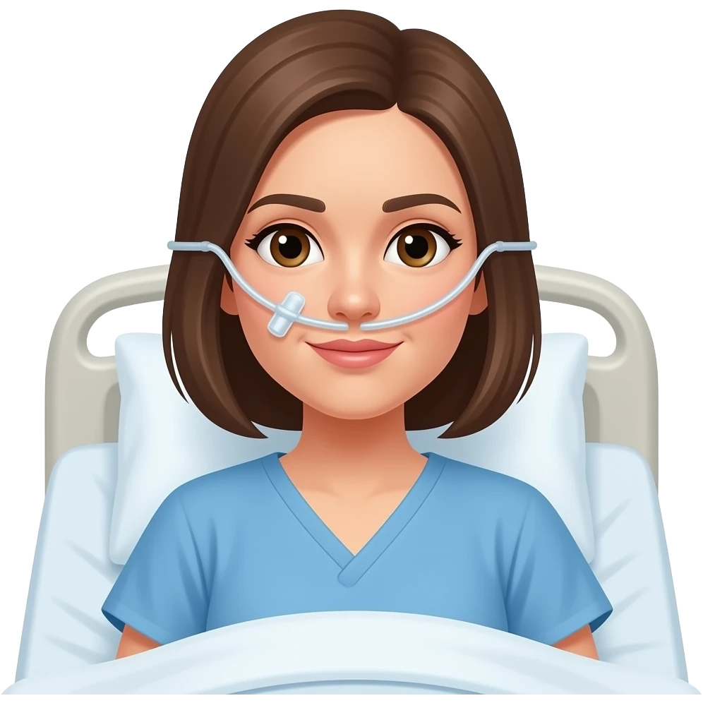 paciente mujer con en habitación de hospital con canula nasal y bata azul estilo apple emoji emoji