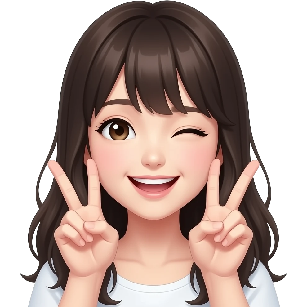 a playful gyaru-style pose, smiling and winking, both hands near the face, each hand showing three fingers emoji