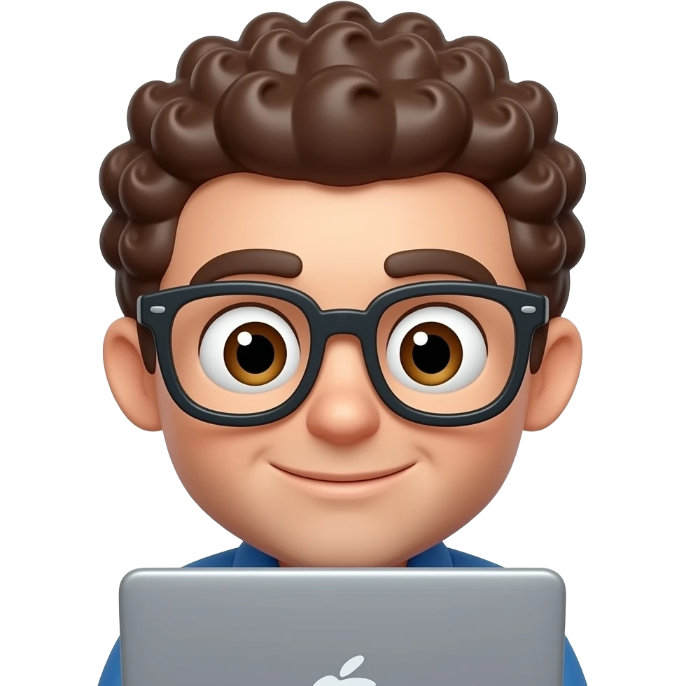 3D emoji-style male character with curly hair and big glasses, eyes wide, peeking over a laptop, emoji