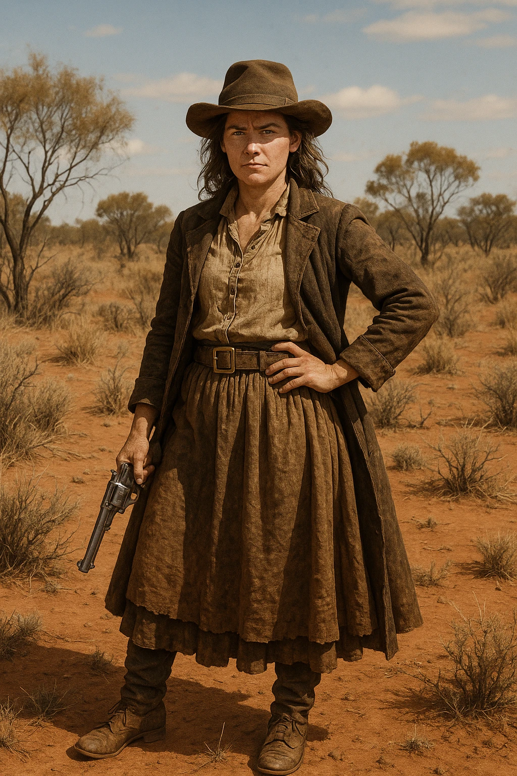 1850s female bushranger, rugged, period clothing, hat, confident stance, Australian outback, historical style emoji