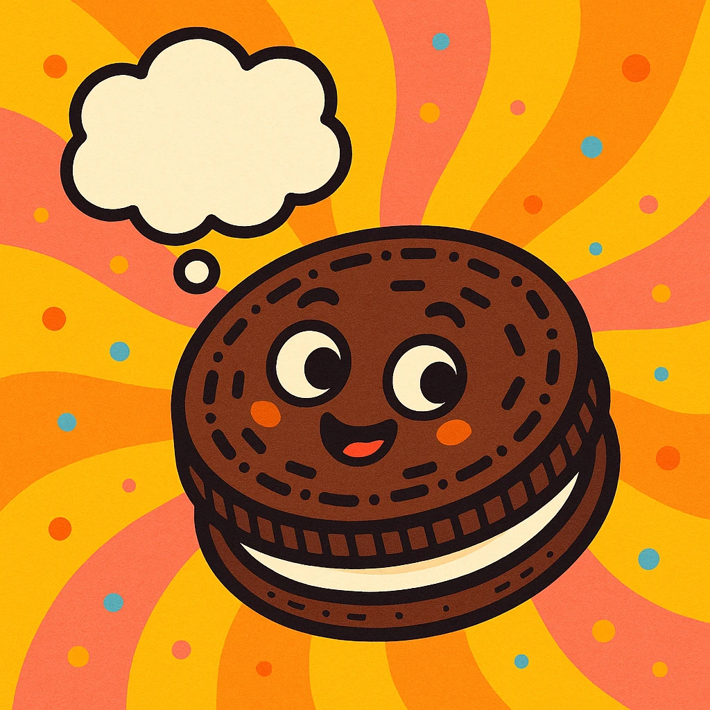an Oreo cookie with a thought bubble, whimsical style emoji