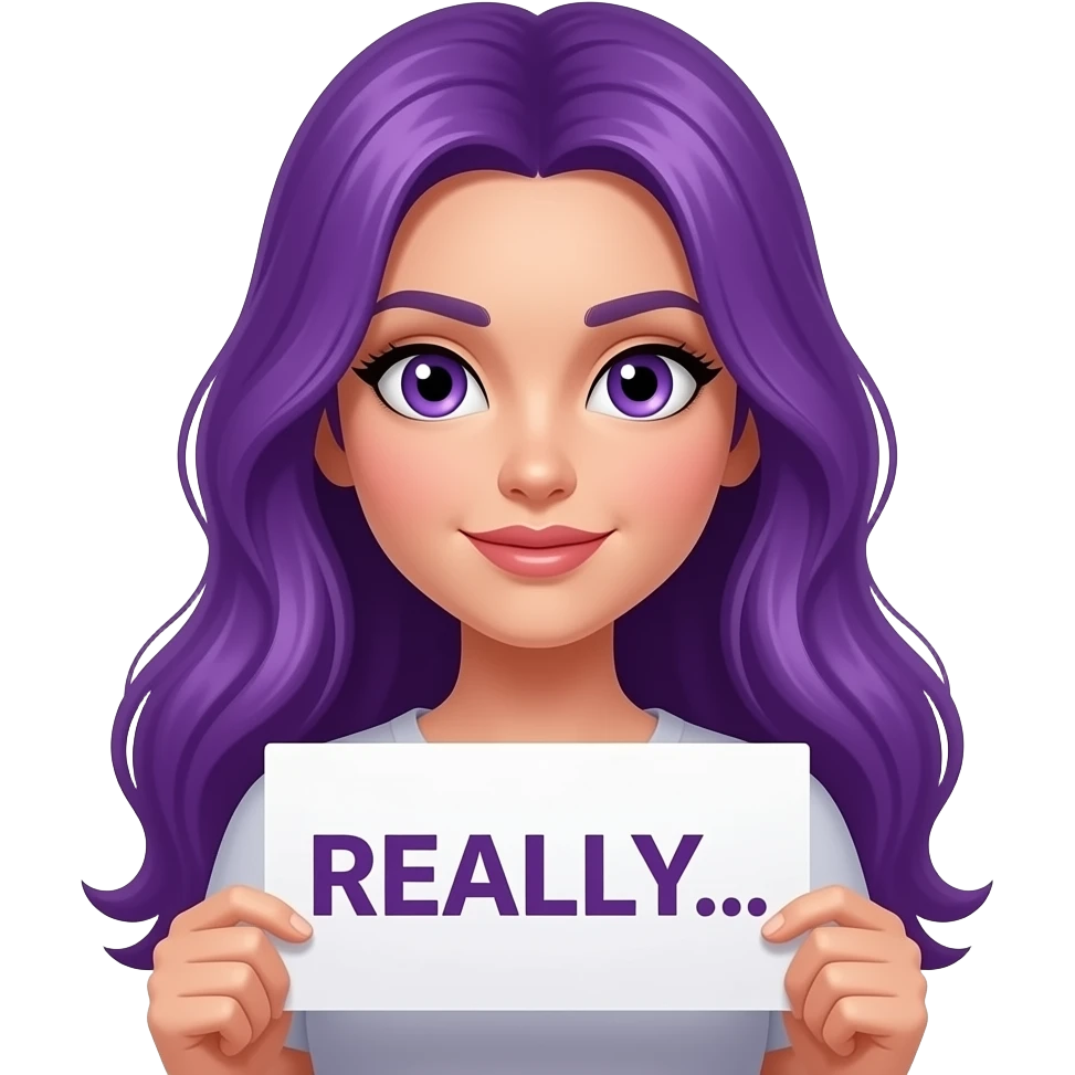 sexy girl with long purple hair and purple eyes holding a REALLY... sign emoji