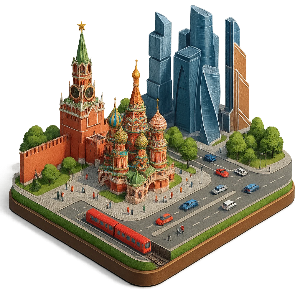Изометричная миниатюрная фотореалистичная 3D модель Москвы на подставке - Кремль, собор Василия Блаженного, фотореалистичные Башни Москва-Сити, аккуратная детализация, четкие линии, яркие цвета, мультяшный реализм, гуляют люди и современный автотранспорт и метро, компактная композиция, вид сверху в изометрии, прозрачный фон emoji