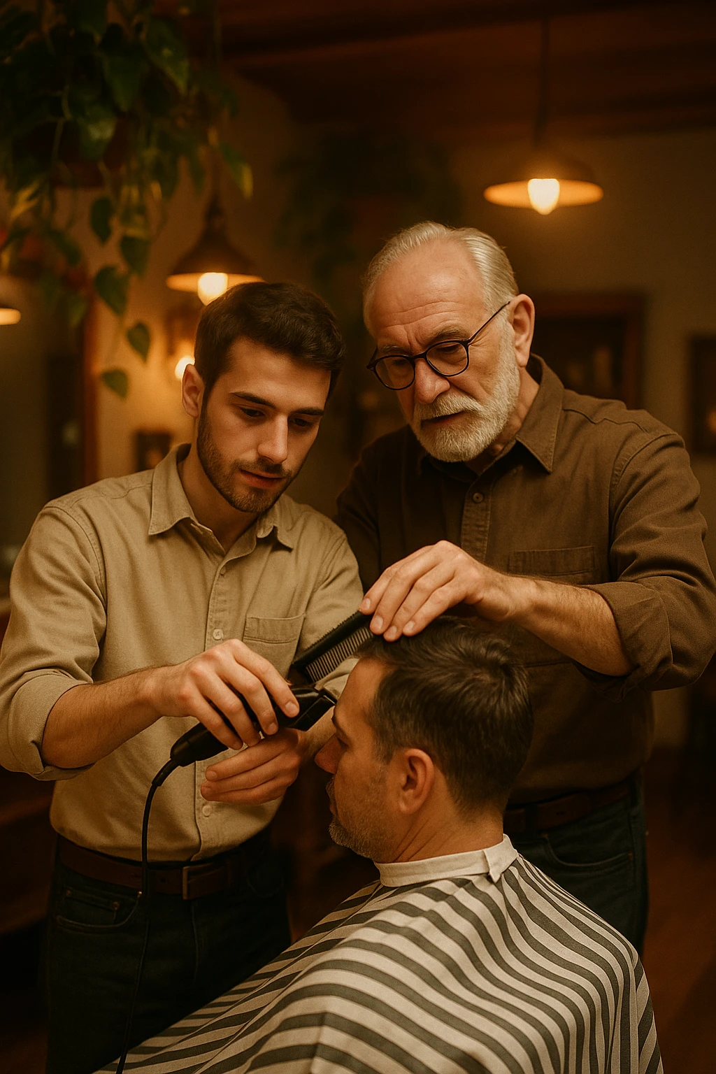 Inside a cozy barbershop with soft lighting, an experienced barber gently teaches his apprentice, guiding his hands as they cut hair together. The room is filled with warmth, plants hanging from the ceiling, and the hum of clippers emoji