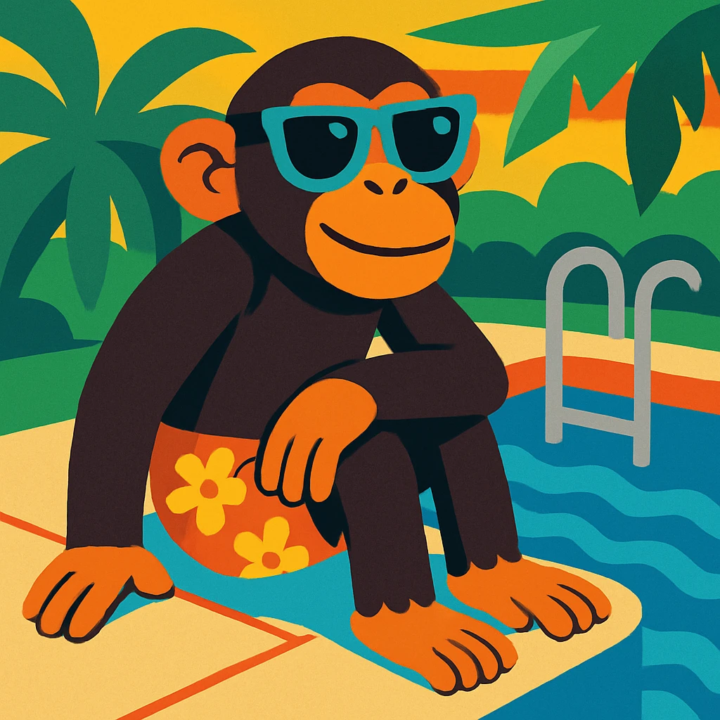 chimpanzé avec des lunettes au bord d'une piscine, style cartoon vibrant emoji