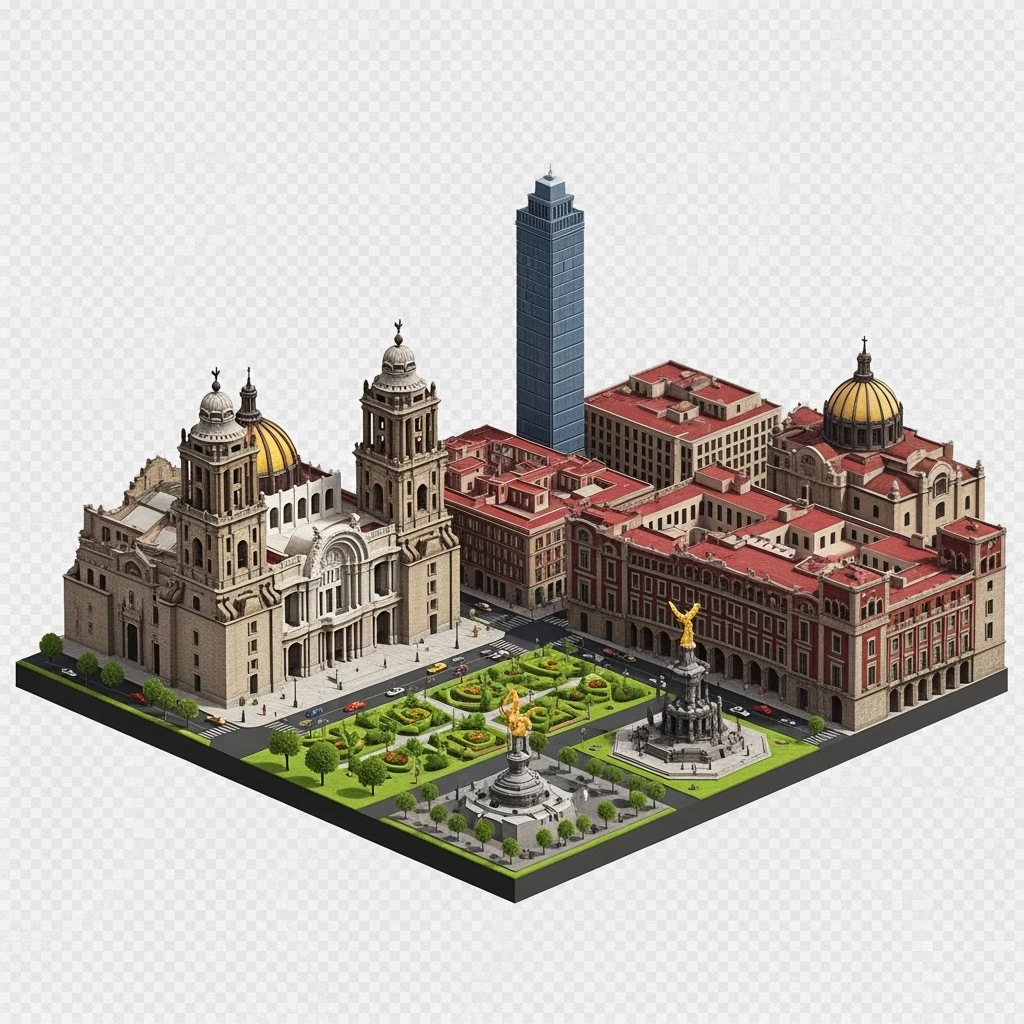 Isometric miniature of Mexico City Zócalo square with Metropolitan Cathedral, Palacio de Bellas Artes, Torre Latinoamericana, Chapultepec Castle, and Angel of Independence, atmosphere of the city 3D miniature effect and Tilt Shift effect, no cartoonish look, transparent background. emoji