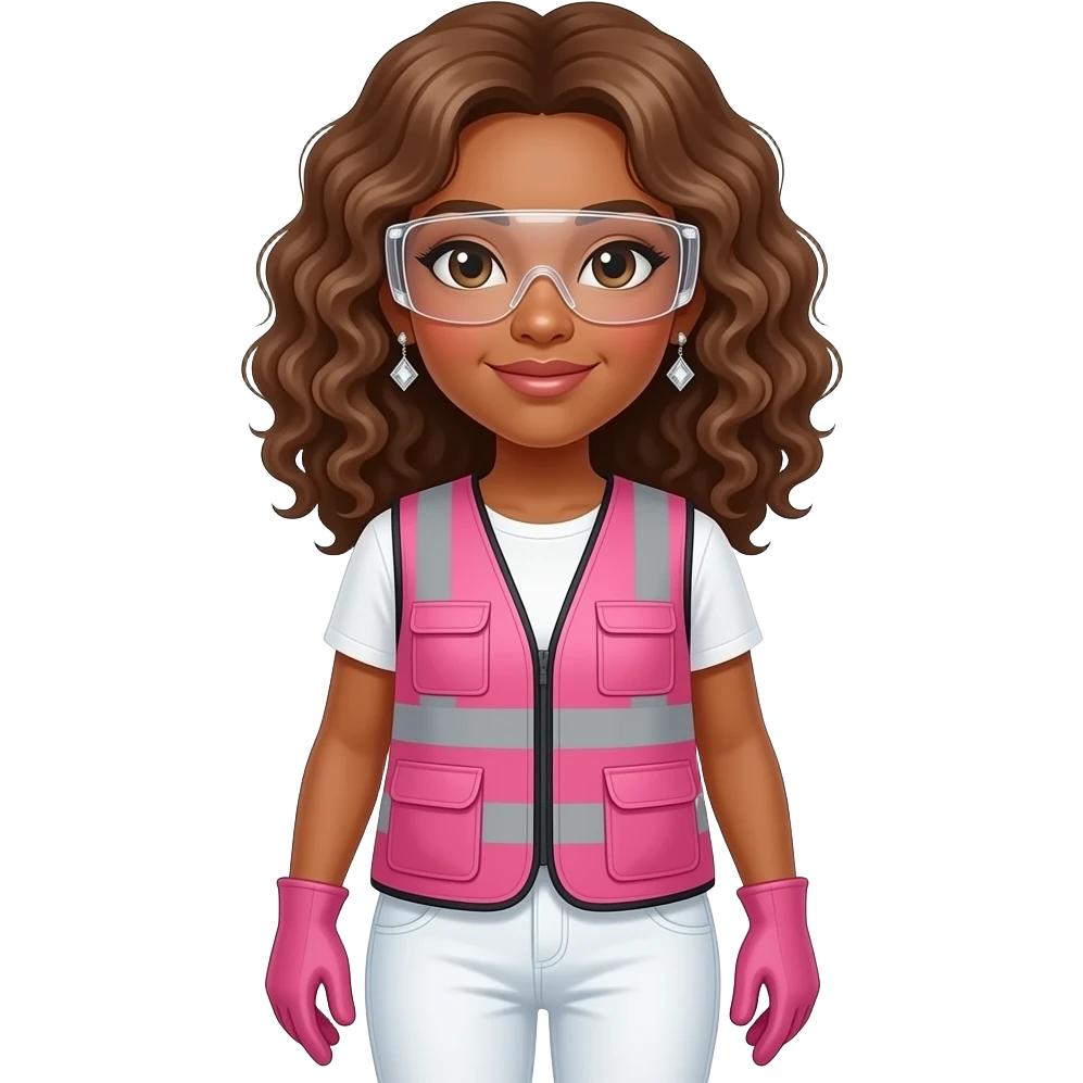 African American woman with brown eyes with shoulder length curly wavy light brown hair wearing diamond earrings wearing pink and clear safety glasses wearing a pink construction vest wearing white pans wearing pink construction vest wearing white pants wearing pink construction gloves emoji