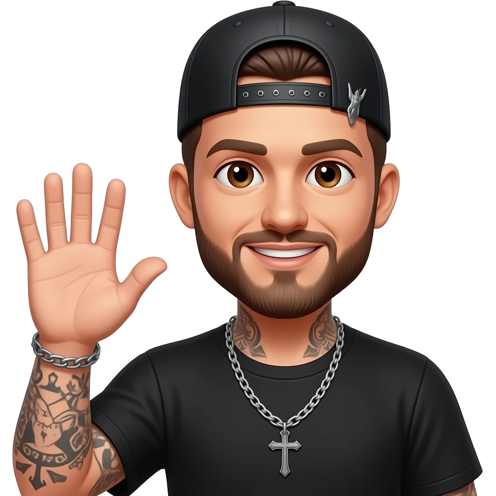 Brown eyes, rock-style cap with metallic clips on the cap visor , rock cross on the cap , black teeshirt, saying hi, no tattoo , no chain, short hair , brown beard, no withstand, saying hi with hand emoji