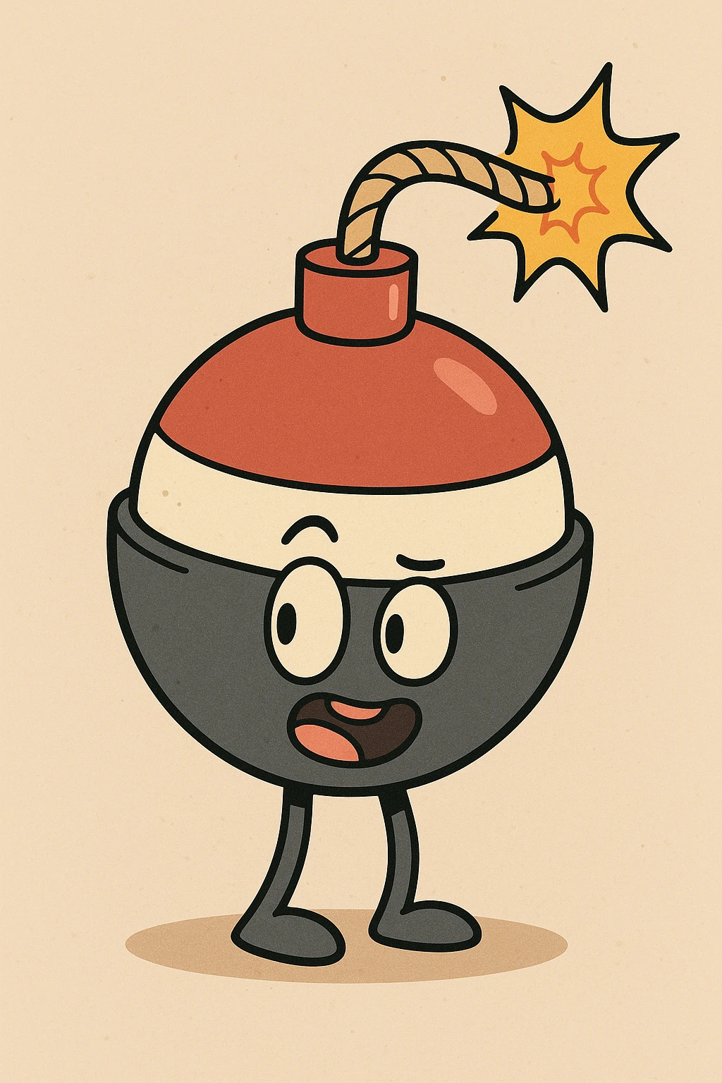 I.E.D. bomb with a fishing bobber top and a burning fuse, playful and clear design, flat toon style, cartoonish, bold outlines emoji