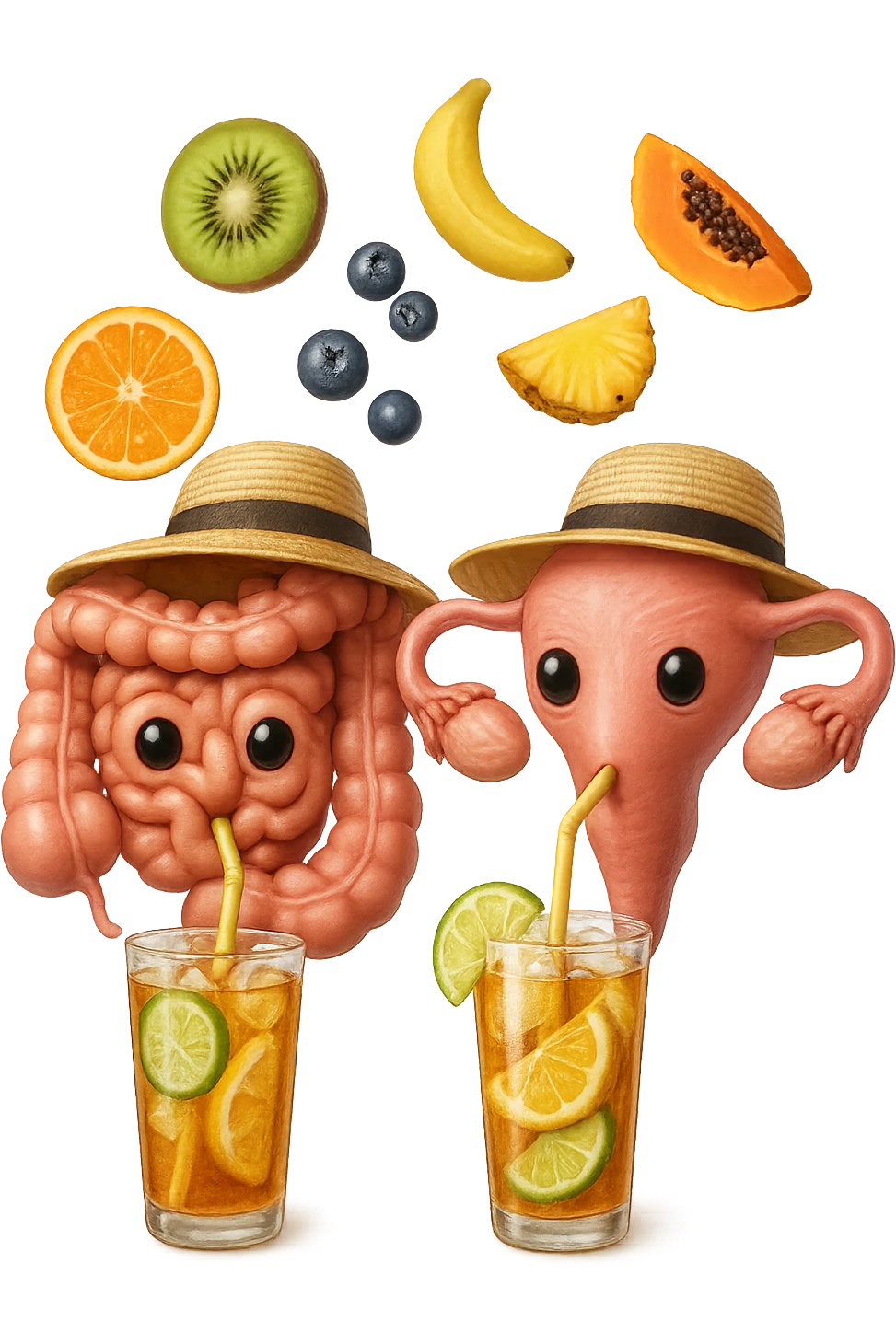 EMOJI STILE IPHONE DI INTESTINO E UTERO UMANI REALISTICI CON CAPPELLO DI PAGLIA DA SPIAGGIA CHE BEVE UN Tè FREDDO IN BICCHIERE DI VETRO CON DENTRO  fette di cetriolo, limone, lime, DIETRO L'INTESTINO FLUTTUANO PEZZETTI DI Kiwi
Banana acerba
Arance e mandarini
Mirtilli
Ananas
Papaya
IPERREALISTICO 4K emoji