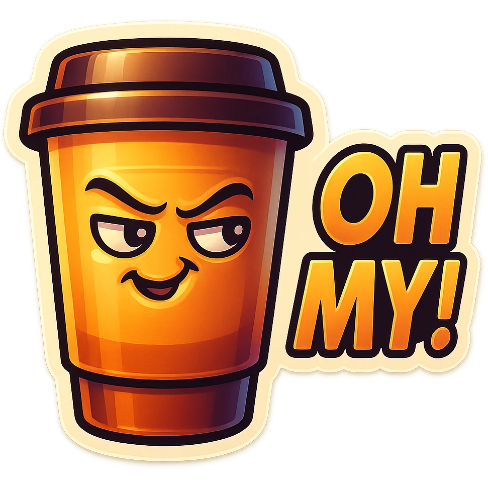 Tall coffee cup, mischievous smirk, looking sideways, big "Oh My!" emoji