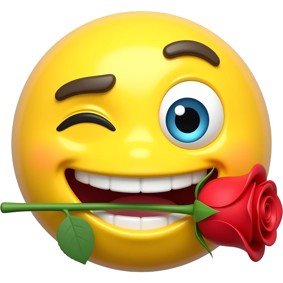 Glossy yellow round emoji face with a flirtatious smirk, wide toothy grin, one eyebrow raised, half-closed blue eyes. Holding a red rose with green stem in its mouth. Smooth shiny 3D cartoon style, high detail, white or transparent background. emoji