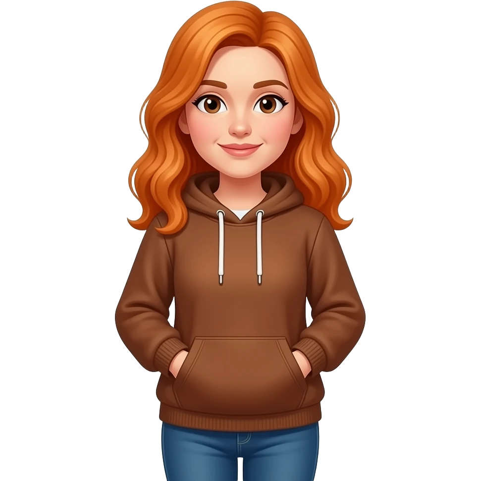 una señora de 38 años con sudadera marron amarangado com pelo amaranjado y pantalones casuales y que se vea joben emoji