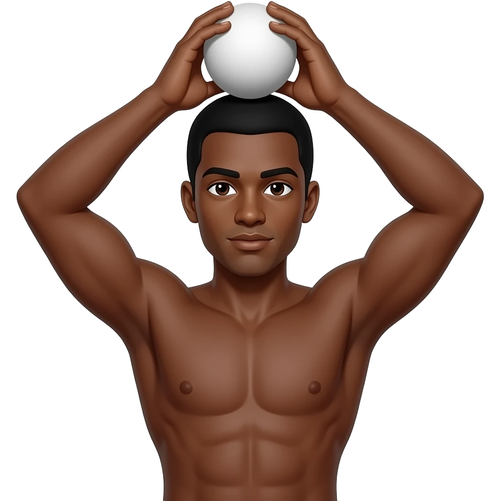 Un hombre afro desnudo sostiene una pelota con las 2 manos a la altura de su omblogo emoji