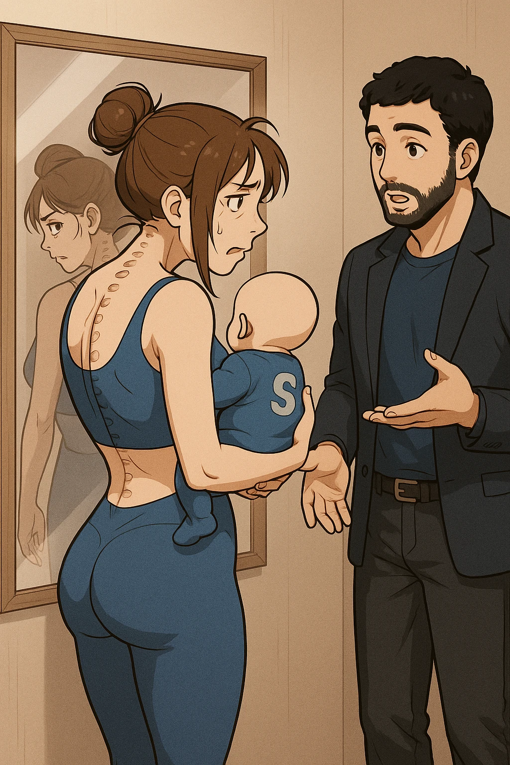ispirati a questo stile di disegno e fai questa immagine in versione manga/webtoon a colori, il manga mostra la donna che si guarda alla specchio preoccupata di profilo con la postura sbagliata e incurvata, spalle chiuse e curve in avanti, con un neonato in braccio con una tutina azzurra e la scritta "S" sulla schiena, spina dorsale storta della donna in evidenza mentre al suo fianco anche l'uomo guarda la donna riflessa nello specchio e le spiega una cosa, ma non fare i fumetti, fai come se stessero parlando emoji
