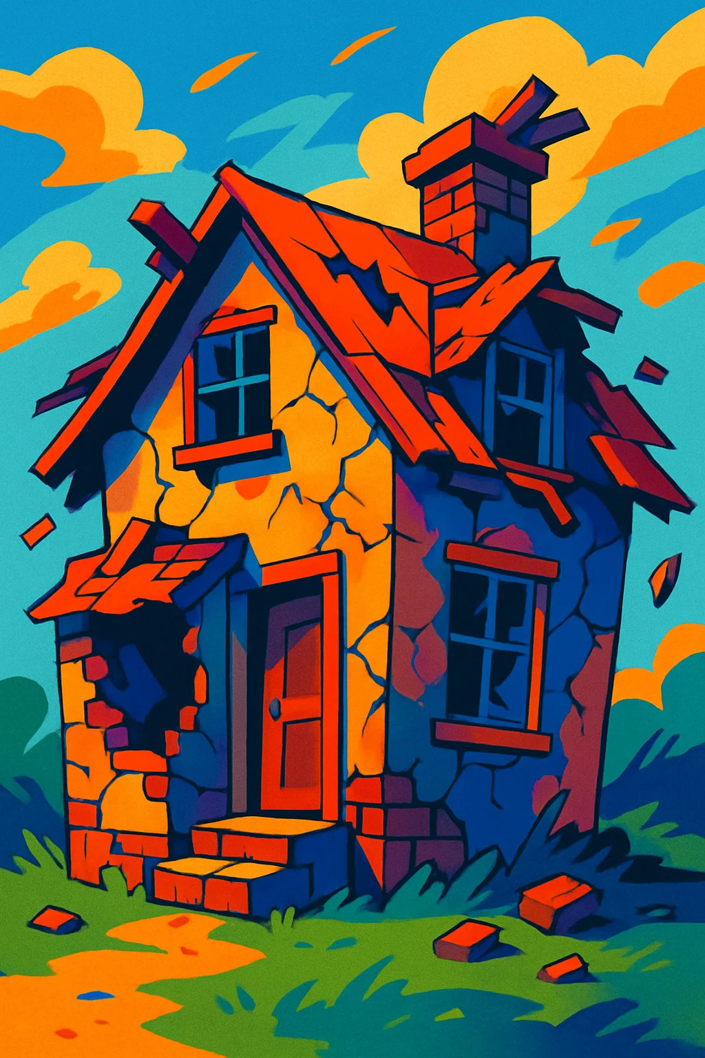 a house with broken walls and roof, expressive style, emotional, detailed, vibrant colors emoji