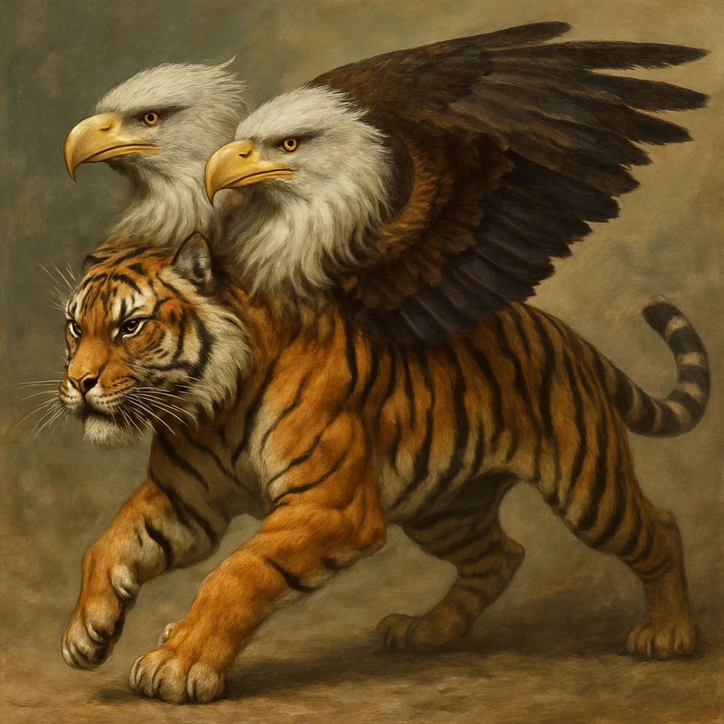 A chimera combining a tiger and a two-headed eagle, with the body of a tiger and two eagle heads, blending feathers and fur, dynamic pose, fantasy style. emoji