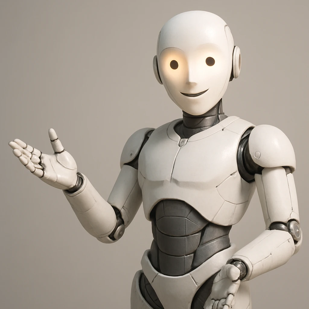 personified AI as white metal humanoid robot, articulated joints, softly illuminated face, welcoming posture emoji